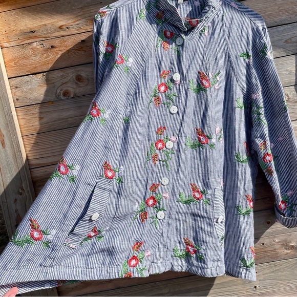 John.Mark linen button down collar loose fit embroidered top - Picture 5 of 12